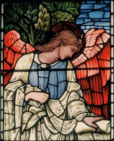 Birmingham, Acocks Green, St Mary The Virgin, Angel with Scroll (detail), 1895 by Edward Coley and Dearle Burne Jones